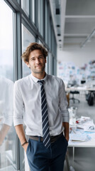 Fototapeta premium Young Professional Businessman Standing Confidently by a Bright Office Window, Looking Approachable and Positive.