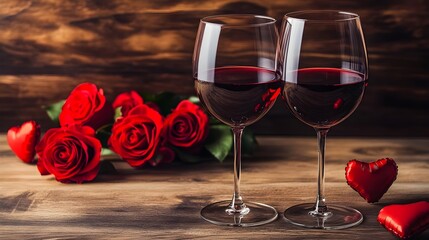 Romantic Pair of Wine Glasses with Roses and Heart Shapes