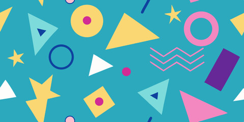 Memphis fun geometric seamless pattern. Cool abstract background, retro 80s, 90s style with basic shapes: star, triangle, circle, semicircle, heart, zigzag, spiral, wavy lines. Cute kid doodle design.