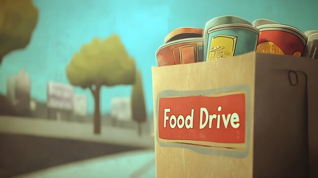 Colorful Food Drive Box with Assorted Food Items for Donations