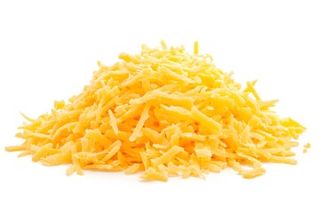 Pile of shredded yellow cheese against a white background.