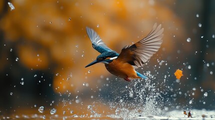 Fototapeta premium Vibrant kingfisher bird flies above rippling water, wings spread wide. Use this for nature, wildlife, or birdwatching articles and designs.