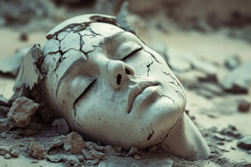 Cracked sculpture of a woman&rsquo;s face resting on the ground amid fragmented earth