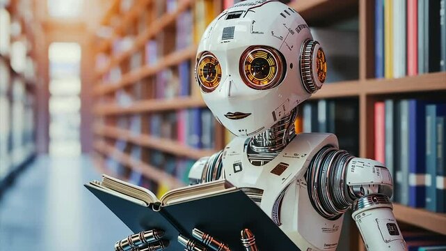 A robot sits in a library, reading a book