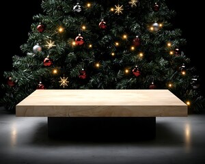 Wooden Display with Christmas Tree Background.