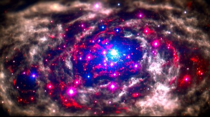 Vast cosmic expanse filled with glowing stars and a swirling blue-purple nebula, radiating mystery