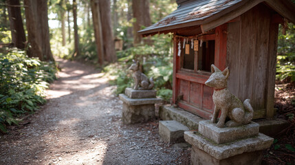 Japanese Shrine in a Lush Forest with Fox Statues