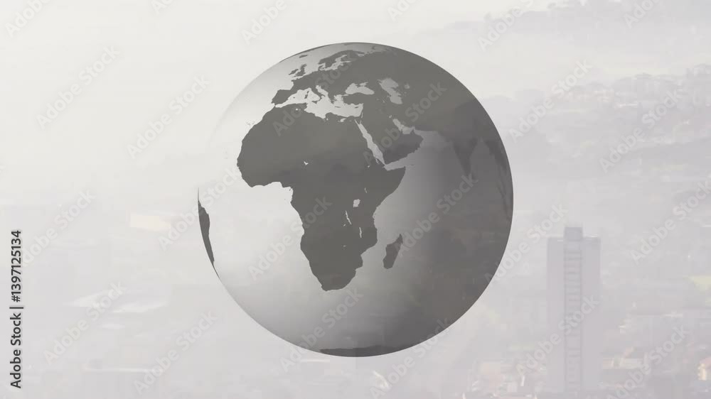 Poster rotating globe animation over cityscape background with hazy atmosphere