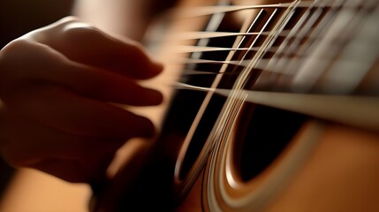 Fototapeta premium Close-Up View of Person Plucking Strings on Acoustic Brown Guitar