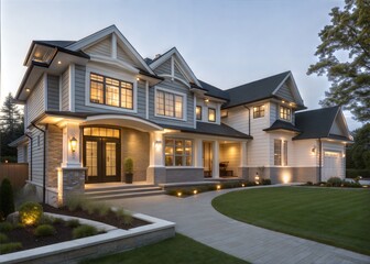 Obraz premium Luxury Suburban Home Exterior Evening Lighting Landscaping Design