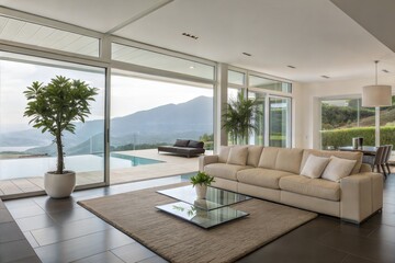 Fototapeta premium Luxury Modern Villa Living Room Mountain View Pool Design