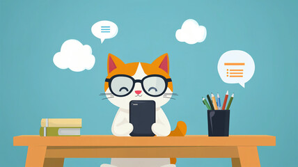Cute orange and white cat wearing glasses, using a tablet at a desk.