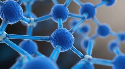 Close up of a blue hexagonal molecular structure with connecting lines and nodes in focus