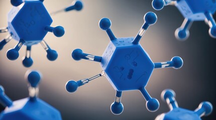 Close up of a blue hexagonal molecular structure with connecting lines and nodes in focus