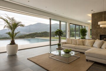 Fototapeta premium Luxury Modern Home Mountain View, Infinity Pool, Sectional Sofa