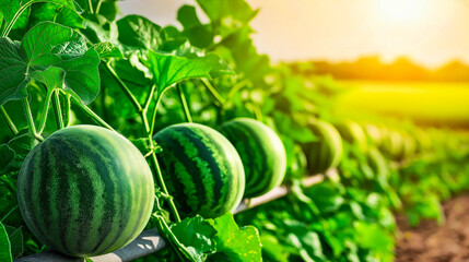 A wide-angle shot of a field with ripe watermelons growing on vines, bathed in warm sunlight, with lush green leaves surrounding the fruits