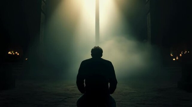 A man kneels in prayer before a large illuminated cross in a dark place.