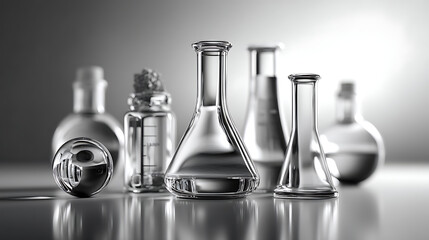 Futuristic lab experiment modern clean environment glassware and chemistry tools digital science innovation