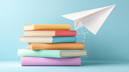 Colorful stacked books with paper airplane flying above them create whimsical and imaginative scene