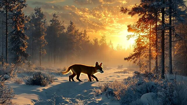Fox and kit walk snowy path at sunset