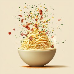 A bowl of spaghetti bursts with colorful toppings, showcasing a creative culinary presentation that highlights vibrant ingredients.
