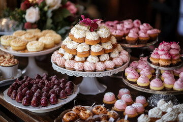 Sweet dessert display featuring a variety of cakes and pastries at a festive gathering in an elegant setting