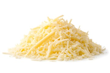 Pile of shredded cheese on a white background.