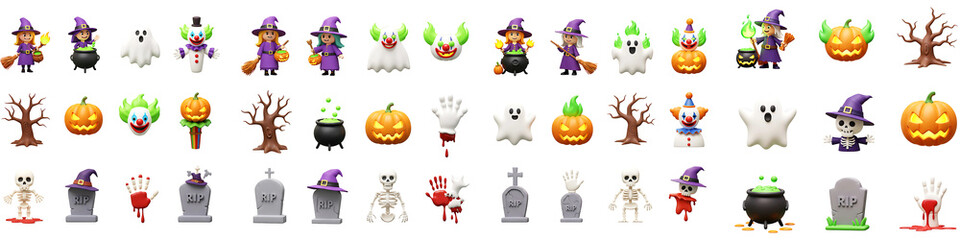 Fototapeta premium Halloween Emoji Icon Set with Witches Ghosts and Pumpkins on Transparent Background