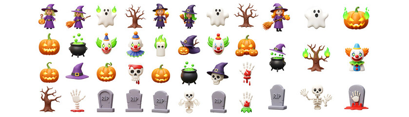 Cute Halloween Emoji Icon Set with Witches Ghosts Pumpkins and Tombstones Transparent Background

