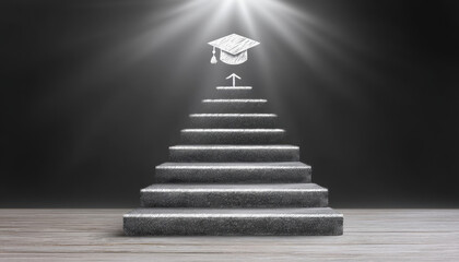 Fototapeta premium Steps leading upward with graduation cap symbolizing achievement and success. light rays create inspiring atmosphere, encouraging progress
