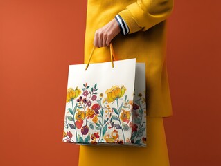 High-resolution mockup of a white paper shopping bag with colorful floral patterns and a yellow color, held by a woman's hand in bright daylight 