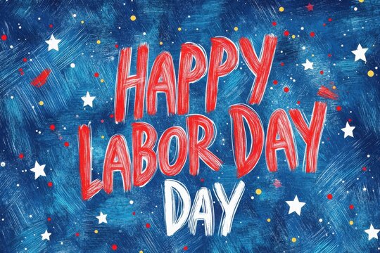 Happy labor day text with stars and colorful dots on blue background