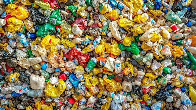 A massive pile of crumpled, assorted plastic waste