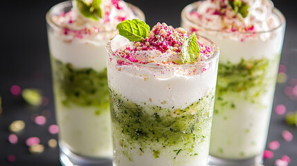 Layered dessert cups: creamy topping, vibrant green layer, pink sprinkles
