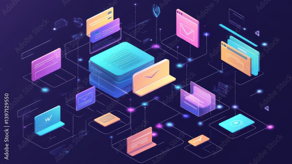 Poster abstract network grid with files and folders, futuristic software interface, digital document manage