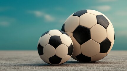 Fototapeta premium Two Textured Soccer Balls on Sandy Beach Under a Softly Lit Sky