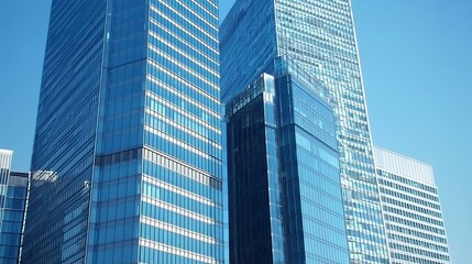 Obraz premium Sleek glass skyscrapers reflecting the clear blue sky, emphasizing modern architecture and corporate success
