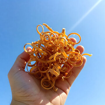 A fresh, shiny Kanpyō (Dried shavings of gourd) held gently in a human hand against bright background