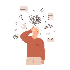 Elderly man experiencing memory loss and confusion, holding head with a puzzled expression. Alzheimer or dementia symptoms medical concept illustration. Mental health of senior people. Vector. 