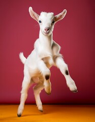 A lively baby goat jumping gleefully in a vivid and colorful studio environment