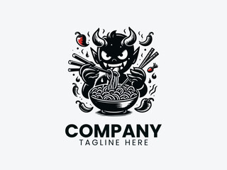 Spicy Devil Noodles Logo, Funny Devil Eating Spicy Food Logo, Devil Enjoying Spicy Noodles Chopsticks Spicy Food Vector Logo Design