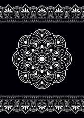 Set of mandala pattern and seamless border for Henna drawing and tattoo. Decoration in ethnic oriental mehndi, Indian style. Doodle ornament in black and white. Hand draw vector illustration.