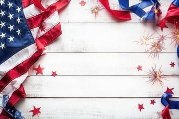 Fototapeta premium American flag with sparklers and ribbons on white wooden background