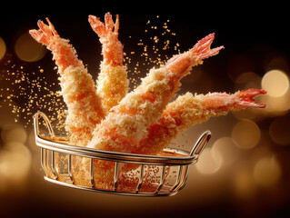 Crispy shrimp tempura flying from basket, showcasing delightful golden texture and burst of flavor