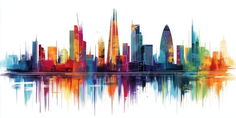 Obraz premium Colorful watercolor skyline illustration of iconic modern London landmarks