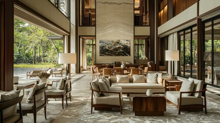 Fototapeta premium A spacious, light-filled living area with contemporary asian design.