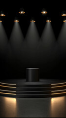 Obraz premium Black cylindrical platform, illuminated spotlights, tiered circular base