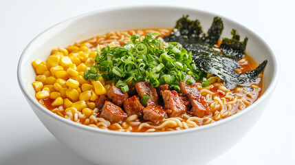 Authentic Ramen Bowl Noodles, Pork, Corn, Seaweed, Scallions on White Background