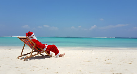 A jolly figure in a Santa Claus costume reclines on a wooden deck chair on a pristine white sand beach, with a vibrant blue ocean and clear skies in the background