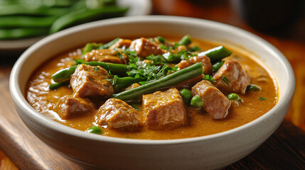 Beef Stew with Green Beans in a Bowl, Garnished with Parsley, on Wooden Table